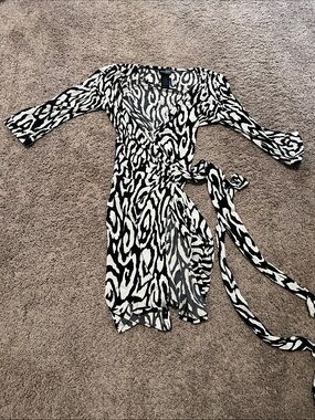 Bisou Bisou Black and White Animal Print Wrap Dress with side rouching